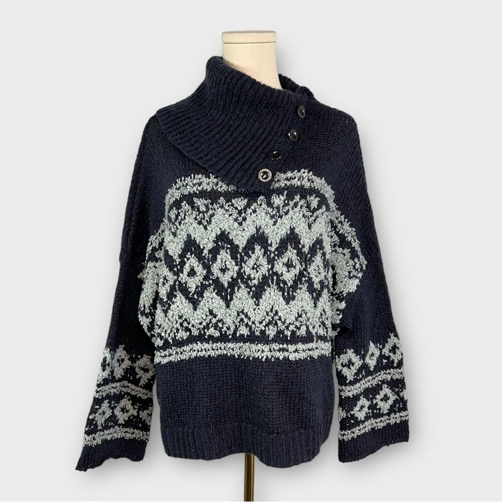 Free People Fair Isle Split Neck Wool Blend Sweater Size XS - Picture 2 of 8